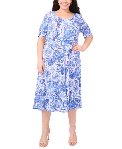 Msk Plus Size Printed Jersey Elbow-sleeve Midi Dress In Blue