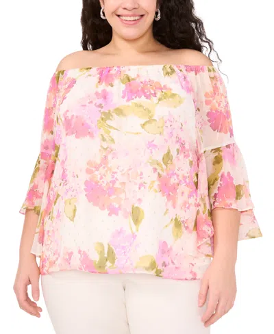 Msk Plus Size Printed Off-the-shoulder Chiffon Blouse In Ivory,pink,olive
