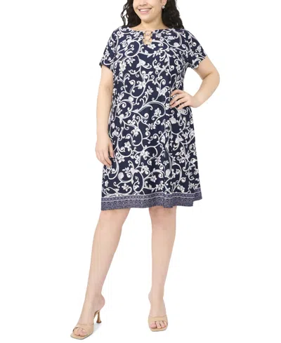 Msk Plus Size Printed O-ring Shift Dress In Blue