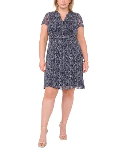 Msk Plus Size Printed Pintucked Dress In Navy,white