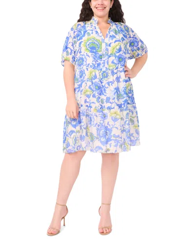 Msk Plus Size Printed Puff-sleeve Babydoll Dress In Blue