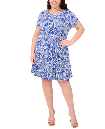 Msk Plus Size Printed Round-neck Short-sleeve Dress In Cobalt Parrot