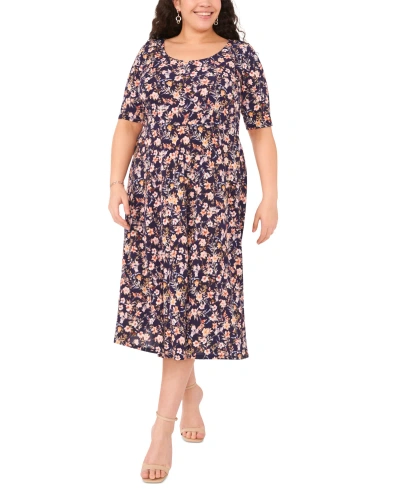 Msk Plus Size Printed Scoop-neck Elbow-sleeve Midi Dress In Navy,pink