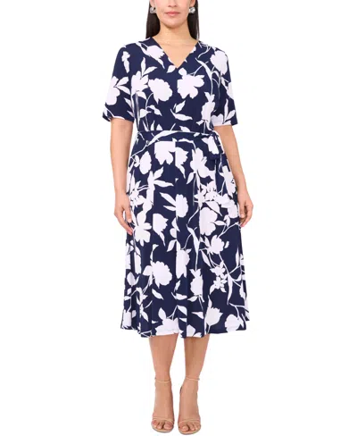 Msk Plus Size Printed Short-sleeve Midi Dress In Jbs Navy