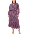 Msk Plus Size Printed Split-neck Chiffon Maxi Dress In Navy Gren Pink