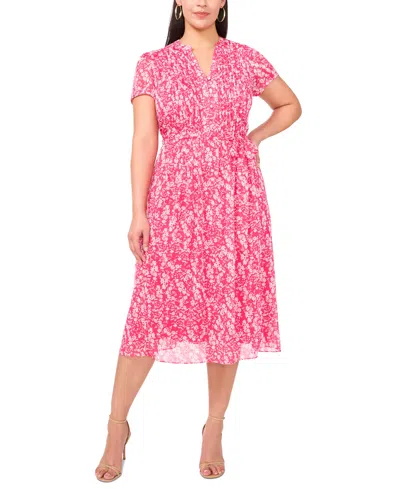 Msk Plus Size Printed Split-neck Short-sleeve Chiffon Dress In Ivory