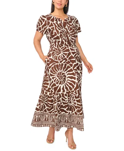 Msk Plus Size Printed Split-neck Tiered Cotton Maxi Dress In Brown