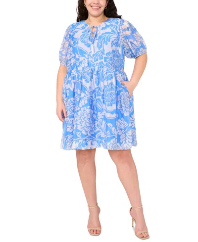 Msk Plus Size Printed Tie-neck Puff-sleeve Dress