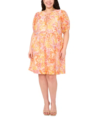 Msk Plus Size Printed Tie-neck Short-sleeve Dress