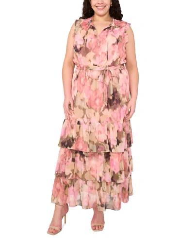 Msk Plus Size Printed Tie-waist Tiered Maxi Dress In Peach Olive Pink