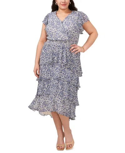 Msk Plus Size Printed Tiered Flutter-sleeve Midi Dress In Ivory Navy