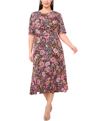 Msk Plus Size Printed Twist Elbow-sleeve Midi Dress In Black