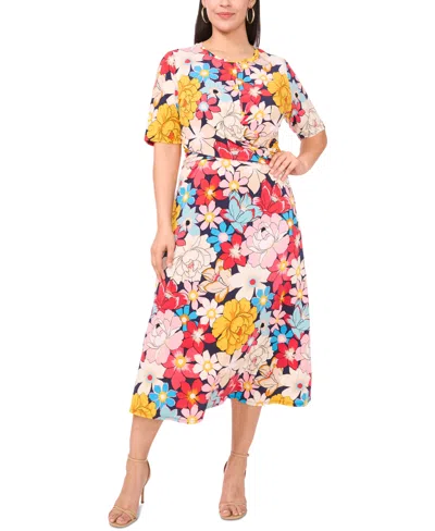 Msk Plus Size Printed Twist Elbow-sleeve Midi Dress In Jbs Navy