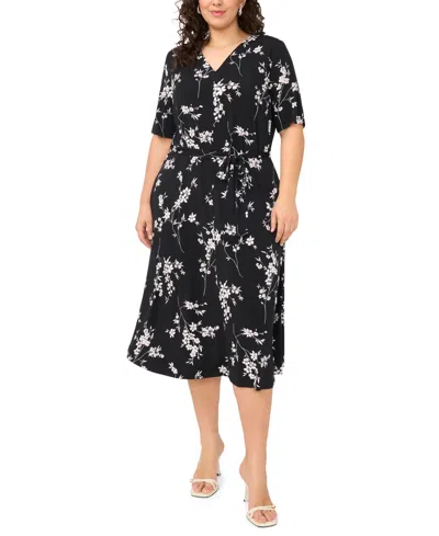 Msk Plus Size Printed V-neck Midi Dress In Multi