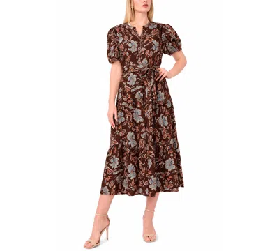 Msk Plus Size Puff-sleeve Belted Midi Dress In Chocolate Fondant