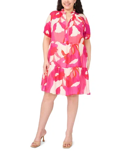 Msk Plus Size Puff-sleeve Split Crewneck Babydoll Dress In Pink