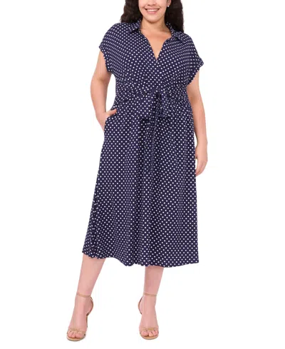 Msk Plus Size Pull-on Printed Belted Midi Shirtdress In Blue