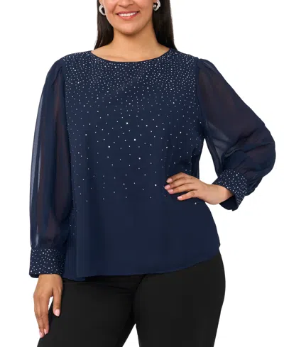 Msk Plus Size Rhinestone Embellished Balloon Sleeves Top In Blue