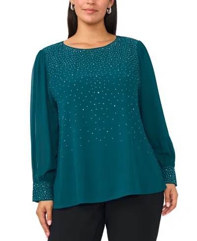 Msk Plus Size Rhinestone Embellished Balloon Sleeves Top In Blue