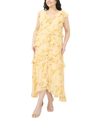 Msk Plus Size Ruffle Trim V-neck Dress In Gold