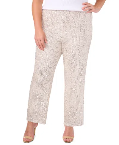 Msk Plus Size Sequined Mesh Pull-on Palazzo Pants In Silver