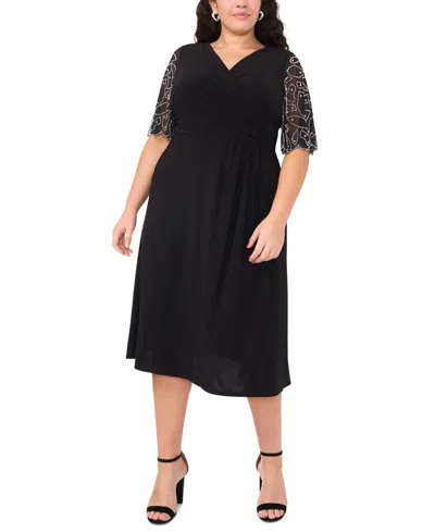 Msk Plus Size Sheer-sleeve Fit & Flare Dress In Black