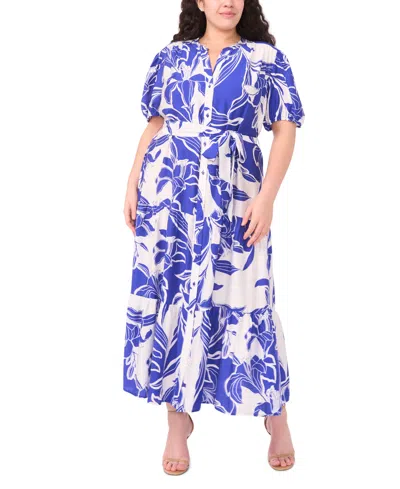 Msk Plus Size Short-sleeve Printed Tiered Maxi Shirtdress In Blue