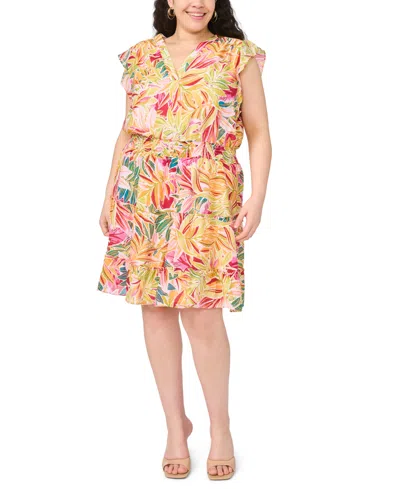 Msk Plus Size Smocked Waist Tiered V-neck Short-sleeve Dress In Multi