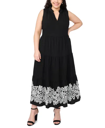 Msk Plus Size Split Crewneck Sleeveless Tiered Maxi Dress In Black