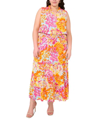 Msk Plus Size Split-neck Sleeveless Tiered Challis Maxi Dress