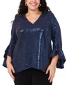 Msk Plus Size V-neck Bell-sleeve Sequin-knit Top In Navy