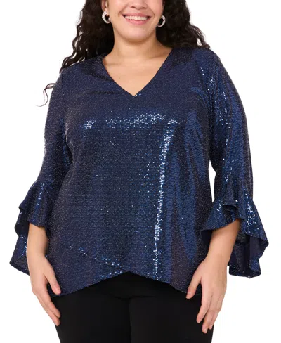 Msk Plus Size V-neck Bell-sleeve Sequin-knit Top In Navy