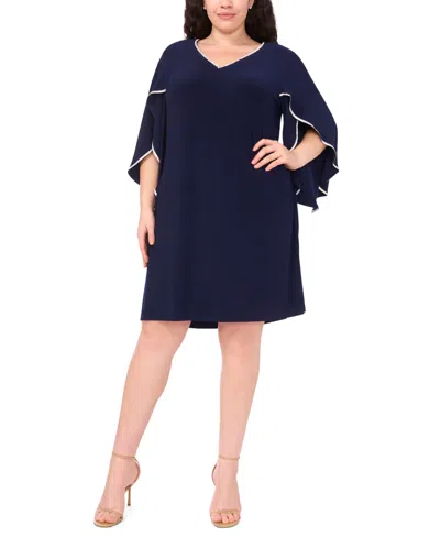 Msk Plus Size V-neck Cape Sleeves Dress In Blue