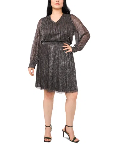 Msk Plus Size V-neck Metallic-threaded Smocked-waist Dress In Black,gold