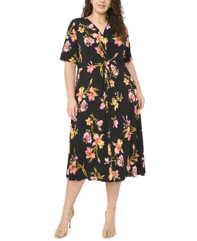 Msk Plus Size V-neck Printed Midi Dress In Black