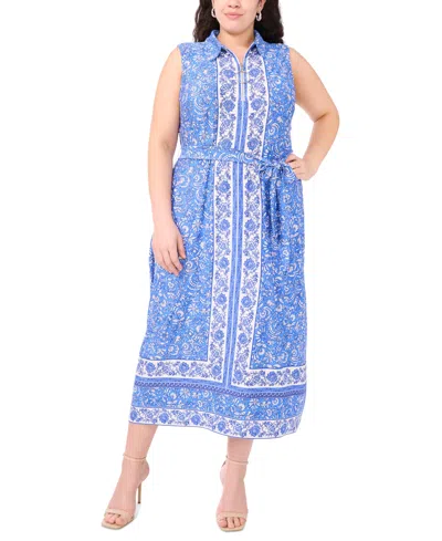 Msk Plus Size Zip-front Border-print Belted Midi Dress