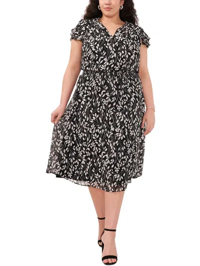 Msk Plus Womens Floral Print Polyester Midi Dress In Black