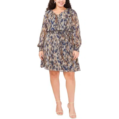 Msk Plus Womens Smocked Printed Fit & Flare Dress In Tan,taupe