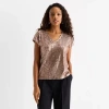 Msk Sequin Womens V Neck Short Sleeve Sequin Blouse In Brown