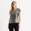 Msk Sequin Womens V Neck Short Sleeve Sequin Blouse In Gray