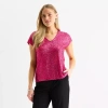 Msk Sequin Womens V Neck Short Sleeve Sequin Blouse In Pink