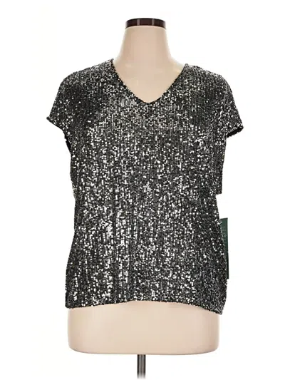 Msk Short Sleeve Top Silver Metallic Pattern V-neck Tops