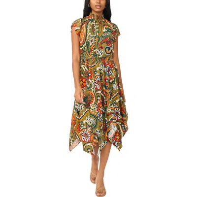Msk Smocked Neck Handkerchief Hem Midi Dress In Brown
