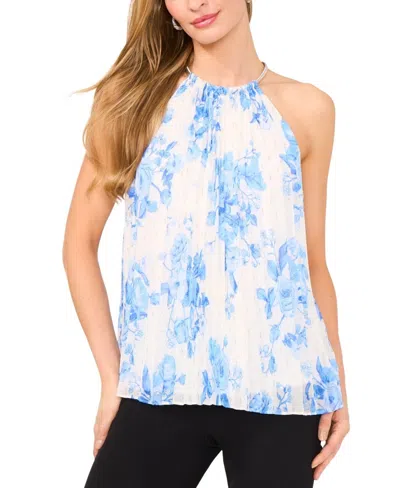 Msk Top Women's Airy Blue Floral Chiffon Pleated Sleeveless Halter Neck Pal49