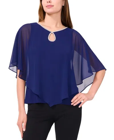 Msk Top Women's Midnight Rhinestone Keyhole Flutter Sleeve Blouse Pal32 In Blue
