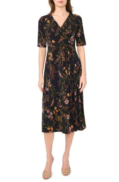 Msk V-neck Faux Wrap Midi Dress In Multi