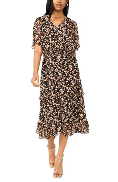 Msk V-neck Smocked Waist Midi Dress In Multi