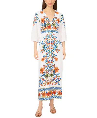 Msk Women's Arc-sleeve Knot Front V-neck Midi Dress In Multi