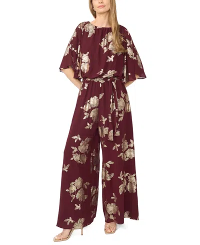 Msk Women's Blouson Crewneck Back Zipper Jumpsuit In Wine,gold