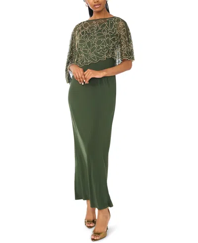 Msk Women's Boat-neck Embellished-cape Jersey-knit Gown In Green